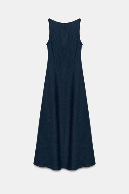 VESTIDO MIDI CON LINO ESPALDA DESCUBIERTA