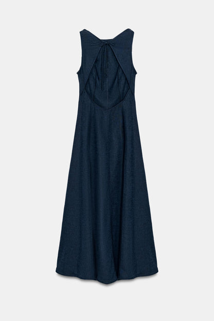 VESTIDO MIDI CON LINO ESPALDA DESCUBIERTA